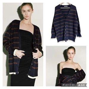 Zara Knit Boyfriend Cardigan - Size 8 10 Navy Striped Chunky Long Boho Oversized - Picture 1 of 14