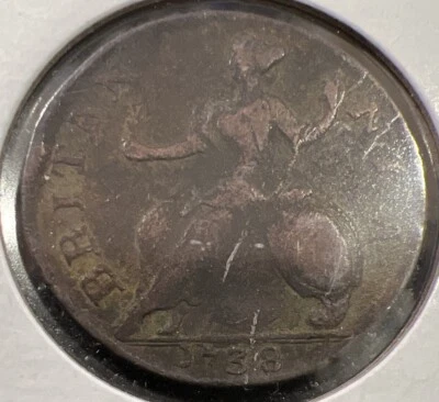 Great Britain; 1/2 Penny 1738  George II  KM#566 - Image 1 of 2