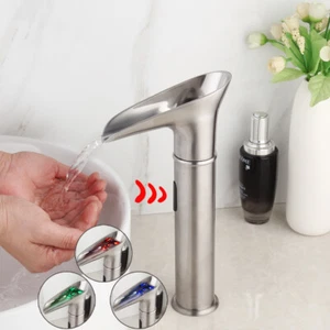 LED Bathroom Faucet Automatic Sensor Brushed Nickel Touchless Mixer Deck Mounted - Picture 1 of 11