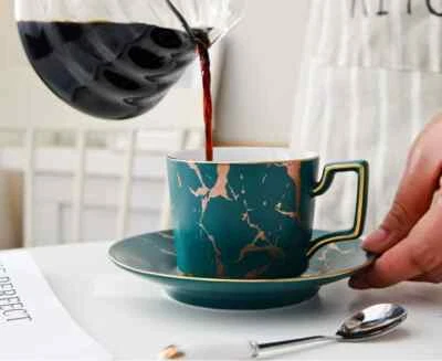 UNMARKED 2 Set Coffee Tea cups and saucers Green with golden liners Luxury Ceramic Retro