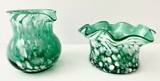 Green & White Speckled Spatter Art Glass Pitcher 3” tall & Ruffled Bowl 2” tall