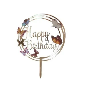 Silver Happy Birthday Butterflies Acrylic Cake Topper - Picture 1 of 1