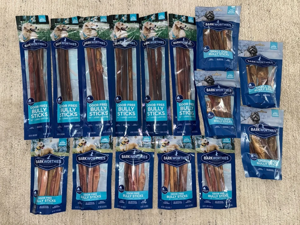 Barkworthies Oder Free/Small Dog Bully Sticks Огромный Лот из 15 Упаковок. 12 «/ 6» новый - Изображение 1 из 4