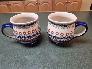 Taza burbuja cerámica polaca 16 oz azul/marrón patrón floral - Boleslawcu en muy buena condición - Imagen 1 de 4