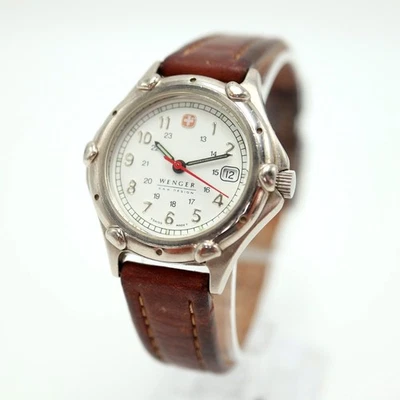 Reloj suizo Wenger tono plateado para mujer fecha 30 mm cuero marrón con batería nueva Foto 1 de 4