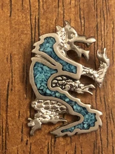 Vintage Dragon Pendant Turquoise Inlay Silver Tone Fantasy (L1) - Picture 1 of 4