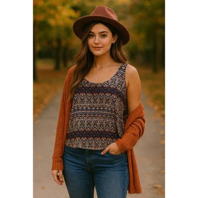 Lucy & Laurel Layered Contrast Print Rayon Tank Top Blue White Large - Image 1 of 4