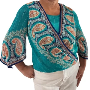 Chico's blaugrün Paisleymuster Bluse Top Damen Größe 0 XS 4 Kimonoärmel - Bild 1 von 6
