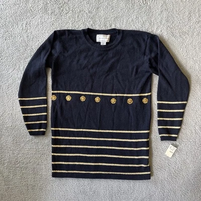 Nuevo con etiquetas Suéter de Lana Adrienne Vittadini Para Mujer Pequeño Azul Oscuro Dorado Soles y Rayas Foto 1 de 4