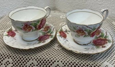 Vtg 2 1950 Paragon Double Warrant Teacup & Saucer Sets Golden Emblem Pink Roses - Image 1 of 4
