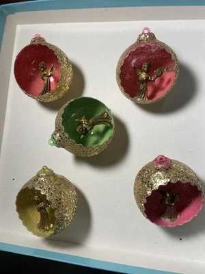 Adornos navideños vintage JewelBrite Angel diorama 5 bolas doradas brillantes Foto 1 de 4