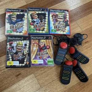 Buzz! Sony PS2 PlayStation 2 Bundle 5x Games Controllers Buzz Buzzers USB PAL - Bild 1 von 7