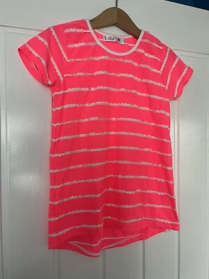 M&Co Kids Neon Pink & White Ruffle Stripe T-Shirt Top Age 5-6 - Image 1 of 4