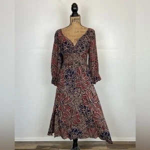 Angie Boho Babydoll Floral Midi Dress Size M Smocked Hippie Puff Long Sleeves - Picture 1 of 14