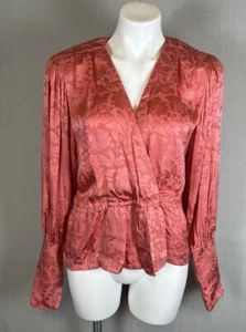 VTG Hanae Mori Pink Balloon Sleeve Silk Blouse Top Size 10 Floral Faux Wrap NEW - Picture 1 of 11
