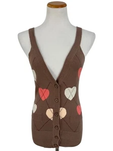 Heritage 1981 Casual Brown Heart Pattern Button-Front Knit Sweater Tank Top Vest - Picture 1 of 10