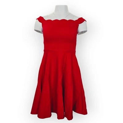 ModCloth Dress Sleeveless Fit & Flare Small Scalloped Off Shoulder Red Knit - Image 1 of 4