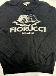 Vtg 90’s Fiorucci Milan Sweater Medium Knit Pullover Spellout Angels Logo Black - Picture 1 of 9