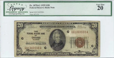 $20 1929 Small Federal Reserve Bank Note Chicago 1870-G Legacy 20 - Image 1 of 2