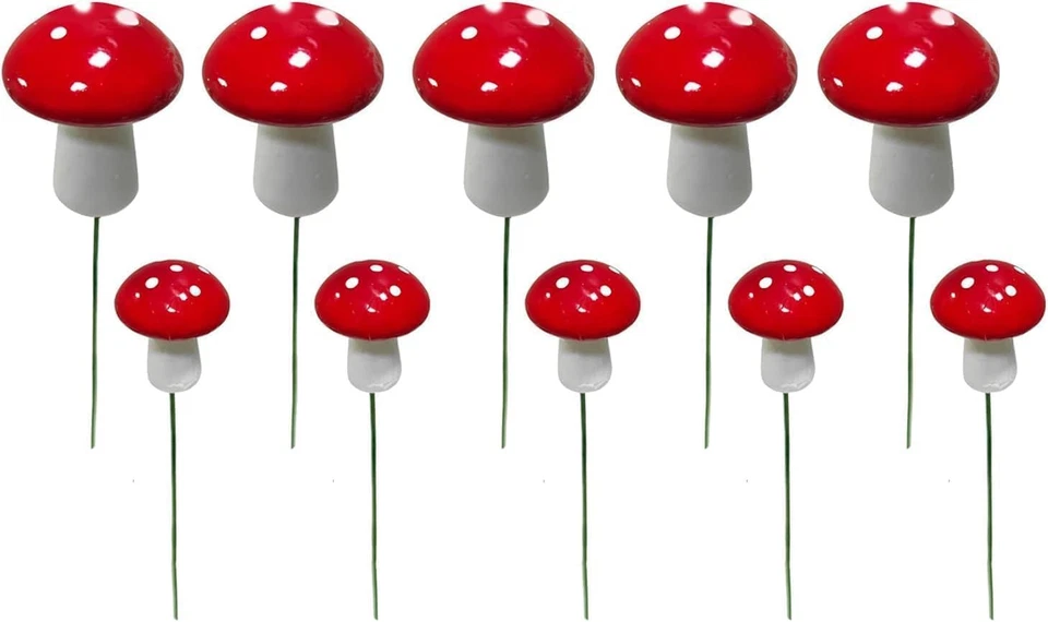 10Pcs Red Garden Stakes Mushroom Miniatures Indoor Outdoor Silhouette Fairy Gard - Image 1 of 4