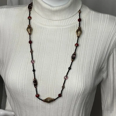 Chico's black and red beaded necklace long painted beads signed costume jewelry - Image 1 of 4
