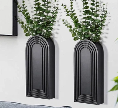 Paquete de 2 jarrones de pared de madera - Acabado negro Moderno Granja y decoración de pared boho Foto 1 de 4
