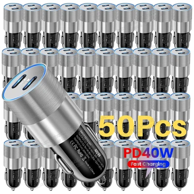 Lote Adaptador Cargador Coche Rápido 50X 40W Doble USB Tipo-C Para iPhone Android Samsung Foto 1 de 4