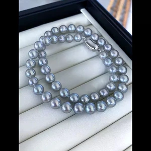 gorgeous 8-9mm south sea roundgrey pearl necklace 18inch 925s(t) - Picture 1 of 3