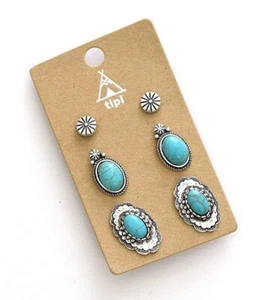 3 Pairs Set Earrings Silver Concho Turquoise Stone Western Style - Picture 1 of 1