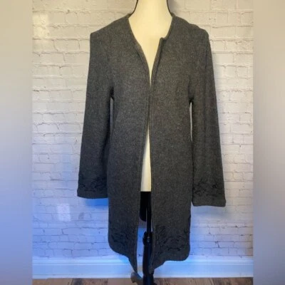 Nanette Lepore Dark Grey Wool Classy Open Front Embroidered Cardigan Size M - Image 1 of 4