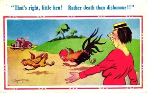 Comic Postcard C1950 Donald McGill Motoring Womans Lib Cock Hen Car Death - Picture 1 of 3