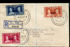 NIUE 1937 CORONATION  REGISTERED FIRST DAY COVER TO MARYLAND USA