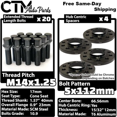 Espaçador de roda 4x 12mm de espessura 5x112 66,56mm C.B + parafuso preto 14x1,25 ajuste mais recente BMW - Imagem 1 de 4