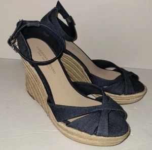 CHRISTIAN SIRIANO blue Denim Ankle Strap Espadrille Platform Wedge Heels 8.5 - Picture 1 of 5