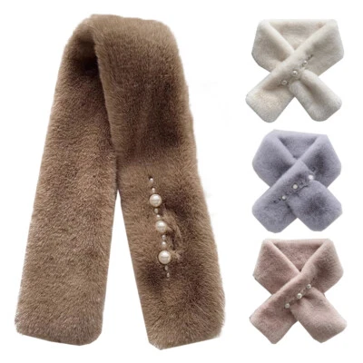 Women Faux Rabbit Fur Headbands Handmade Girl Pearl Neck-cross Scarves Winter - Image 1 of 4