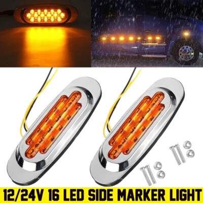 2x 6.5" LED Side Marker Turn Signal Light For Peterbilt Mack Chrome 16 LED Amber - Image 1 of 4