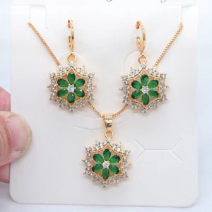 18K Yellow Gold Filled Green Mystic Topaz Flower Earrings & Pendant Jewelry Set - Picture 1 of 6
