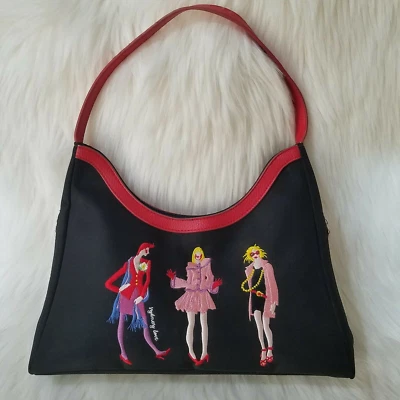 SYDNEY LOVE Handbag Purse Hip Chic Fashion Embroidered Women Black Red Trim Dot - Image 1 of 4