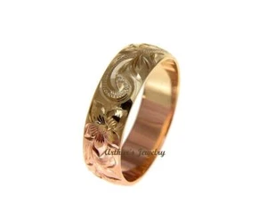 14K YELLOW ROSE GOLD CUSTOM HAND ENGRAVED HAWAIIAN SCROLL MAILE RING 6MM - Picture 1 of 6