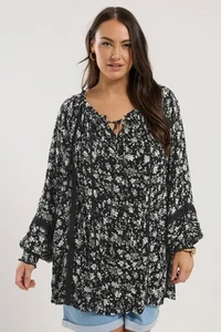 Yours Curve Women's Plus Size Floral Print Tie Neck Boho Top - Picture 1 of 7