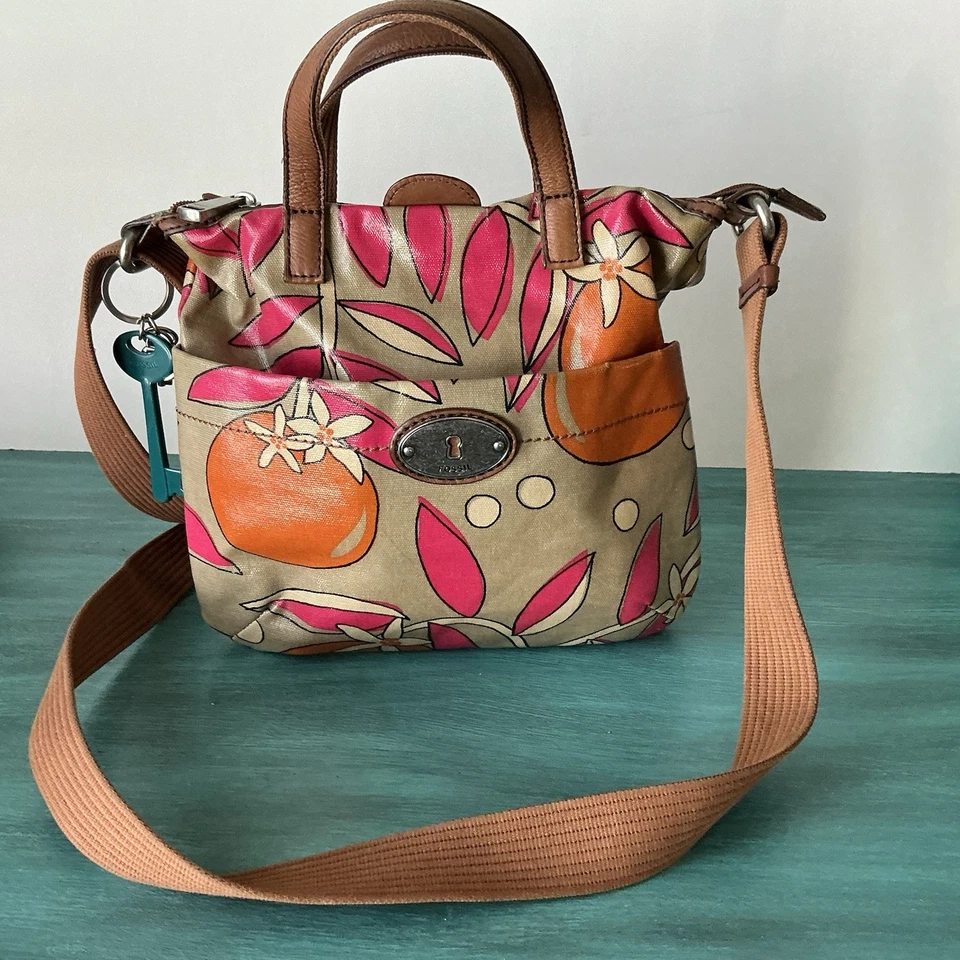 Fossil Key-Per Coated Canvas Leather Crossbody Bag Orange Boho Hippie Purse - Image 1 of 4