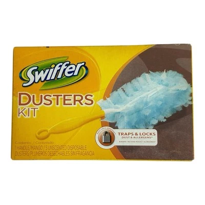 Escova de limpeza Swiffer Duster cabo curto kit inicial (1 alça, 5 espanadores) nova na caixa - Imagem 1 de 2