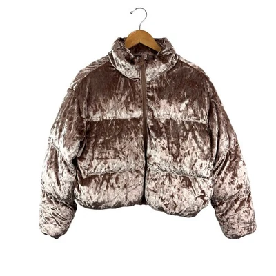 Fabletics Wander Crushed Velour Cropped Puffer Jacket Pink S - Image 1 of 4