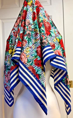 39”x39” De Colección Grande PERRY ELLIS Cuadrado Seda Floral Bufanda + Rayas! ¡Tableros de ajedrez! Foto 1 de 4