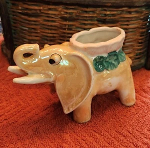 Vintage Lusterware Elephant Planter Vase Made In Japan w/Trunk Up ~ Gold/Peach - Picture 1 of 9