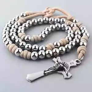 Damas Beige Acero Inoxidable Rosario Paracord, Cuentas de 8 mm - Imagen 1 de 2