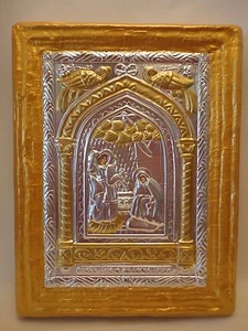 The Annunciation Catholic & Greek Orthodox Icon Embossed Metal Art on Wood - Picture 1 of 8