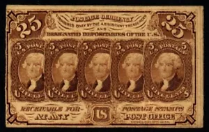 First Issue 25c JEFFERSON United States POSTAGE CURRENCY Fractional! CRISP AU+! - Picture 1 of 2