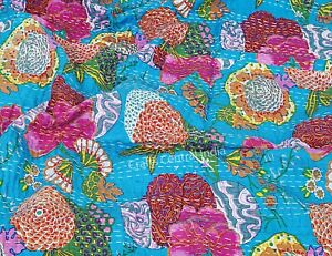 Indian kantha quilt bedspread handmade bed cover bedding throw blanket