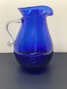 Large 10” Mouth Blown Cobalt Blue Pitcher W/ Clear Applied Handle & Pontil READ - Picture 1 of 9